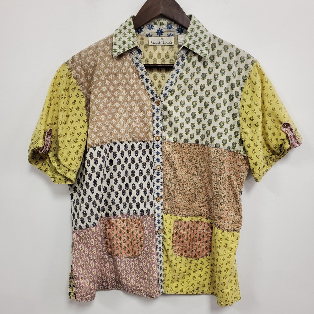 Sacred Threads Womens Short Sleeve Patchwork Button Up Top Size‎ L Cottagecore